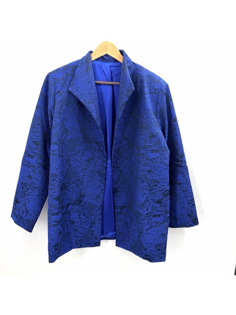 Vintage Custom Made Blue Silk Jacquard Floral Blazer Evening Jacket Womens 2X
